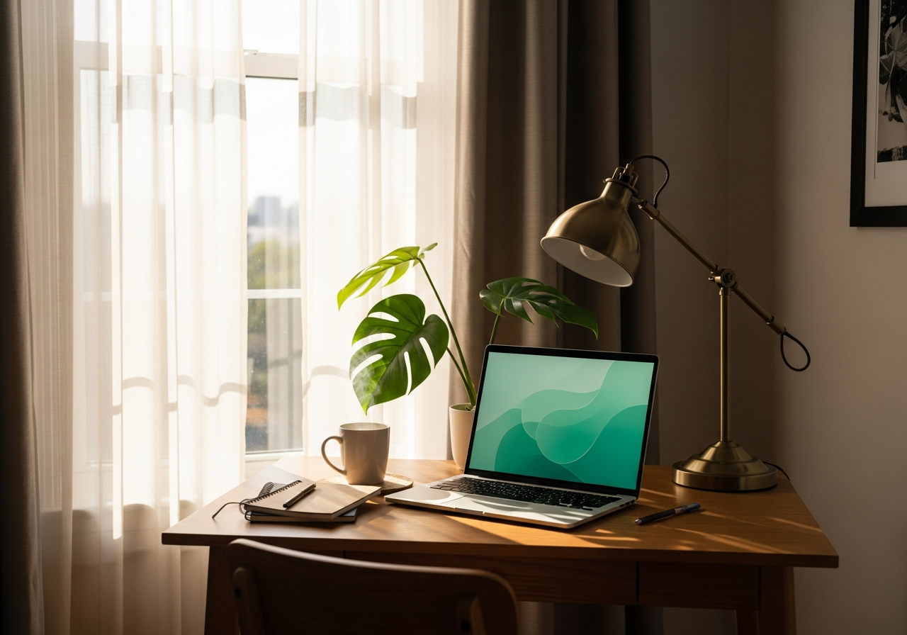 A bright, sun-lit home workspace with a laptop, plants, and a warm coffee mug.